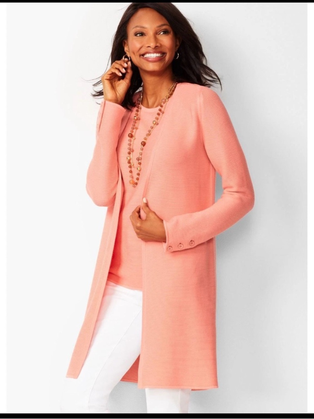 TALBOTS Modern Ottoman Cardigan Ribbed Longline Sweater Open Front Coral Sz 3X